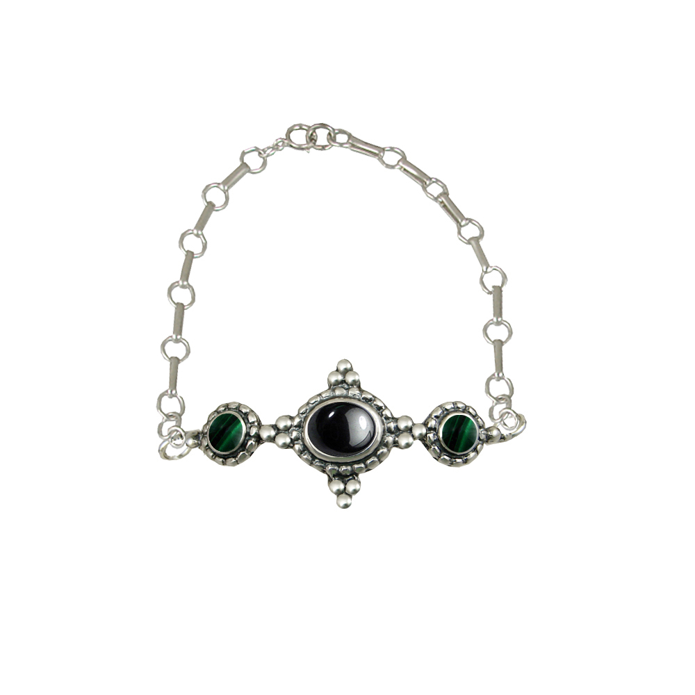 Sterling Silver Gemstone Adjustable Chain Bracelet With Hematite And Malachite